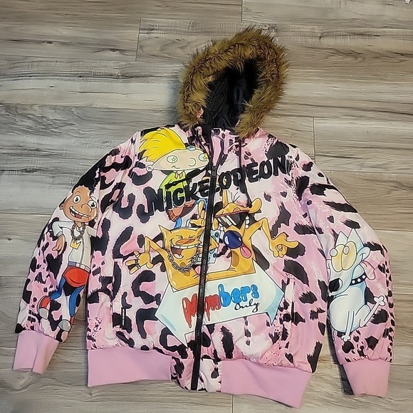 Members Only Jackets & Blazers - Members Only Nickelodeon Rug Rats Cat Dog Arnold Rocko Fur Pink Puffer Jacket L